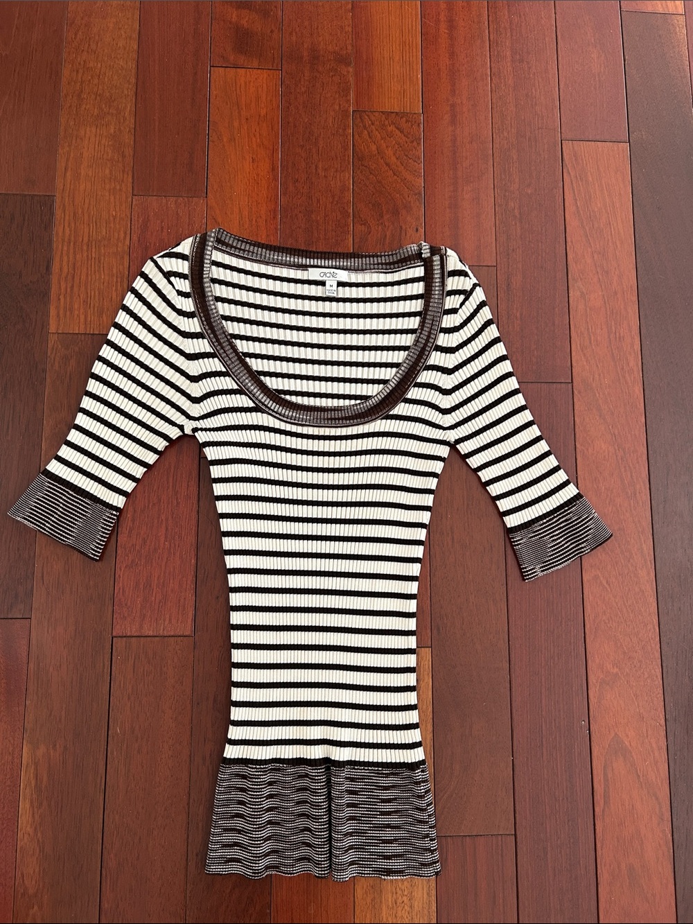 Cache Black and White Striped Scoop Neck Tee